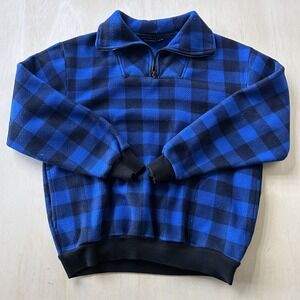 Vintage 90s Stats Sweatshirt Mens XL Blue Black Fleece 1/4 Zip Plaid Pullover